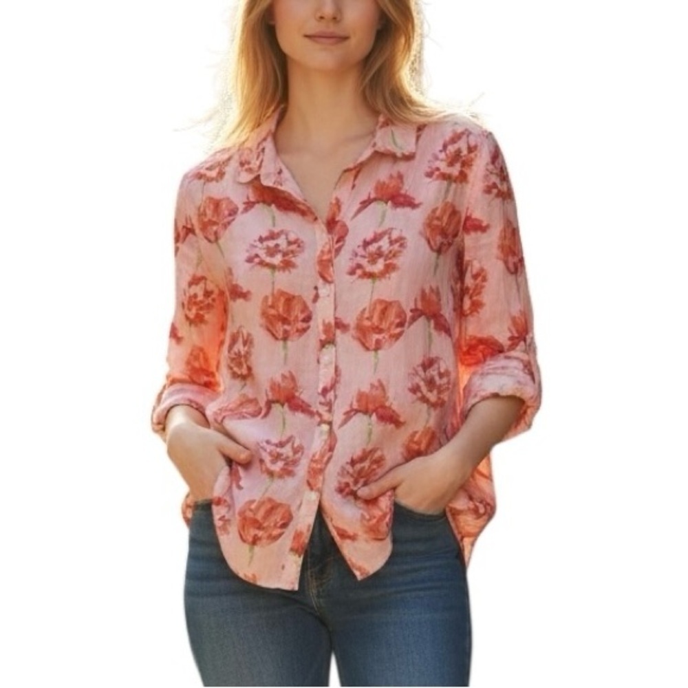 Charter Club 100% Linen Women’s Button Up Floral Utility Blouse L Floral Citrus